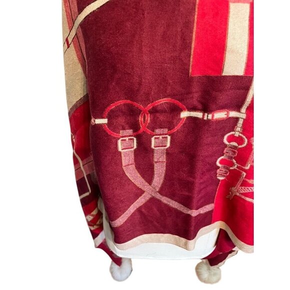 Mitchies Scarf Red Women Old Money Regal Equestrian Fox Fur Poms Luxury 80s - Picture 10 of 15